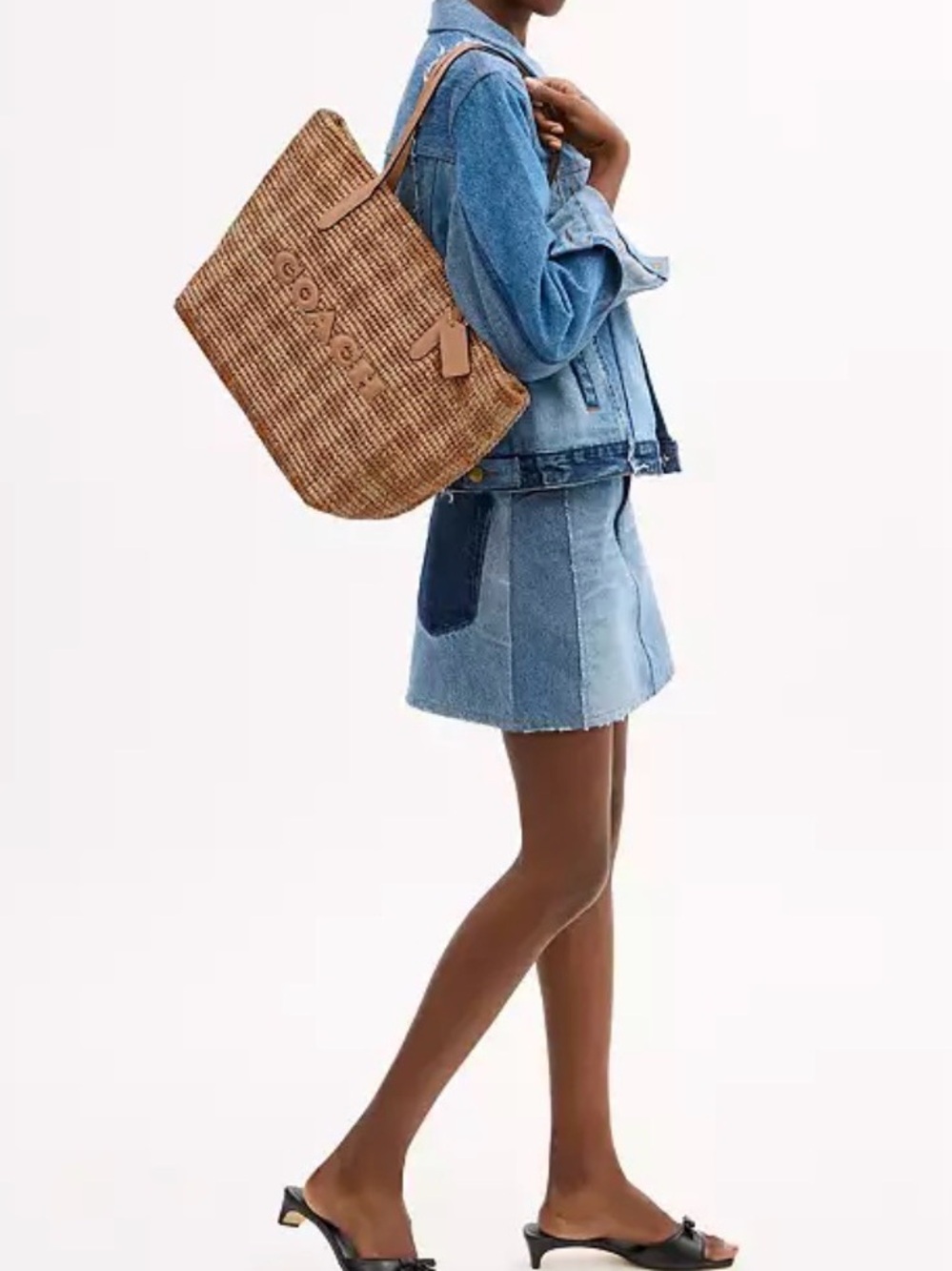 Coach Tan Woven Straw natural and tan color city Tote with Leather Trim new